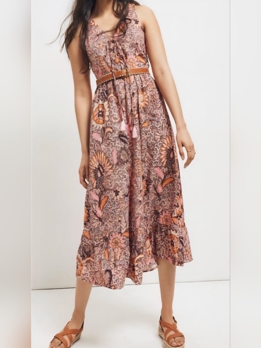 Madewell Dress Lace Up Floral Ruffle Hem Midi Dress Bali Blooms Purple 00 Boho